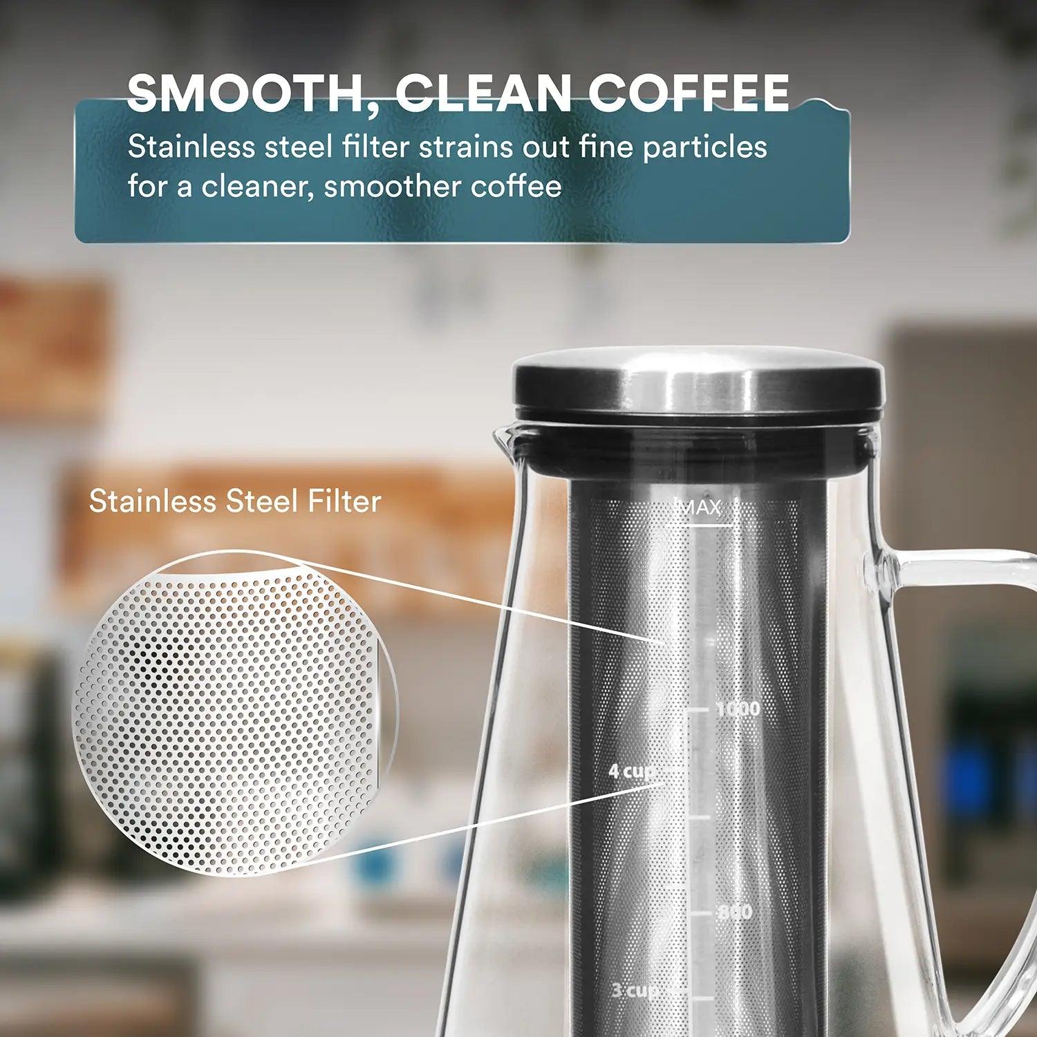 Due to its stainless steel filter this premium cold brew maker strains out fine particles for a cleaner, smoother brew.