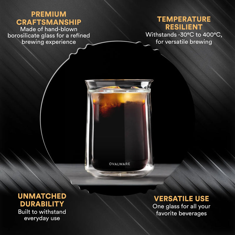 Glass of cold brew coffee with ice inside insulated double wall glass
