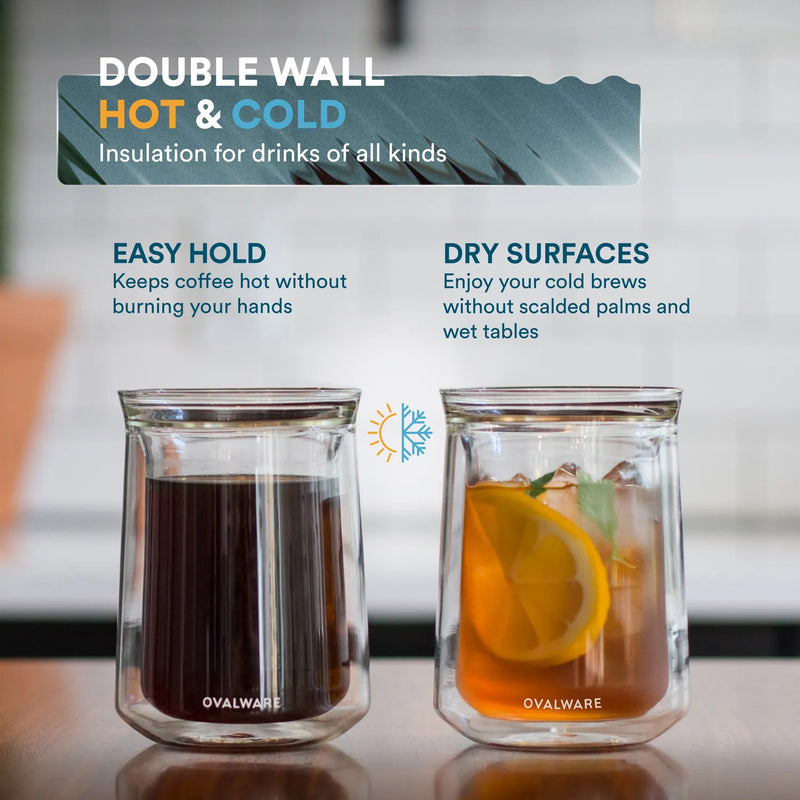 Glass of cold brew coffee with ice inside insulated double wall glass