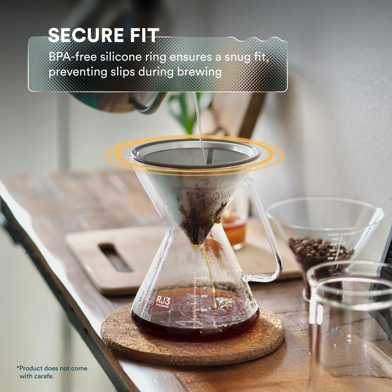 Paper filter placed inside a glass coffee maker filled with ground coffee
