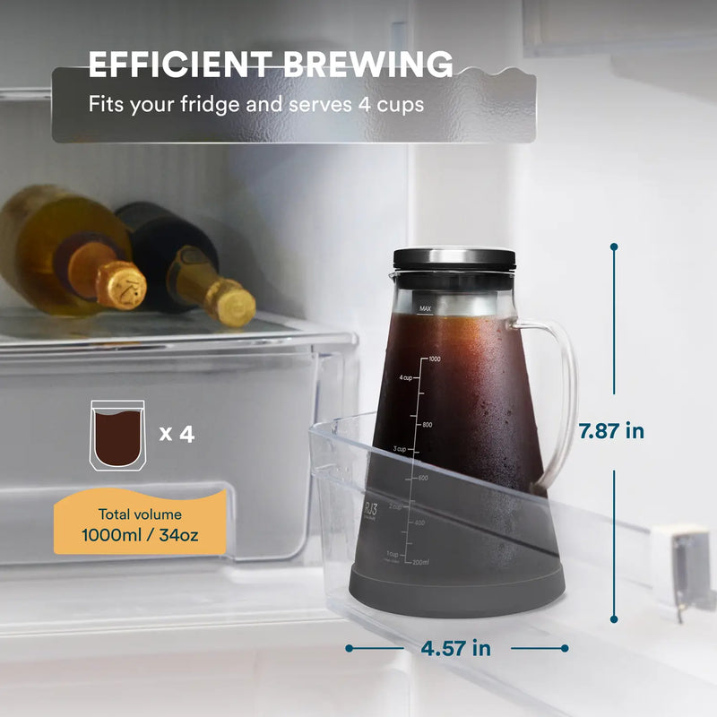 Best cold brew maker makes coffee brewing efficient for four servings with a total volume of 34oz