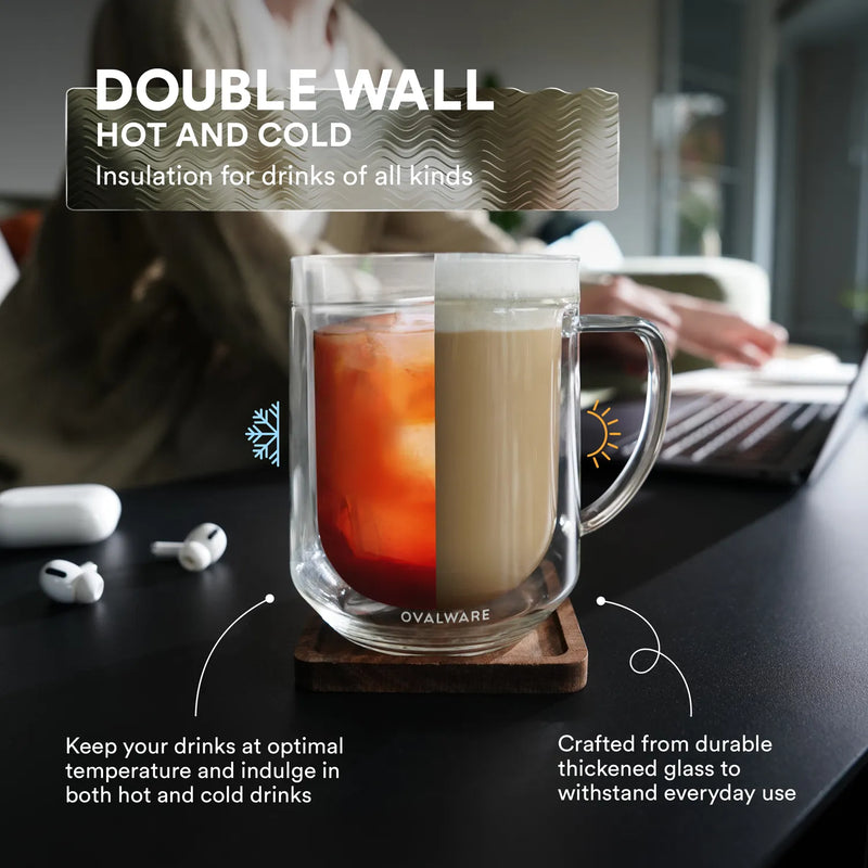 Ovalware Double Wall Stealth Grey Mug For The Perfect Cappuccino, Macchiato, Latte with insulation for drinks of all kinds