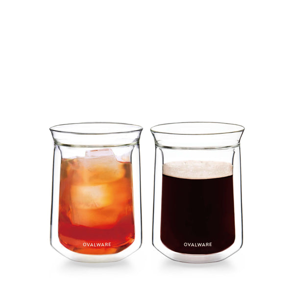 Set of two double wall glasses with freshly brewed coffee