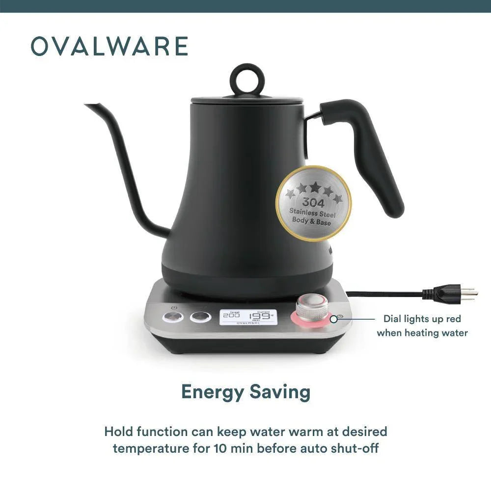 Detailed view of kettle’s gooseneck spout and wooden handle for controlled pouring