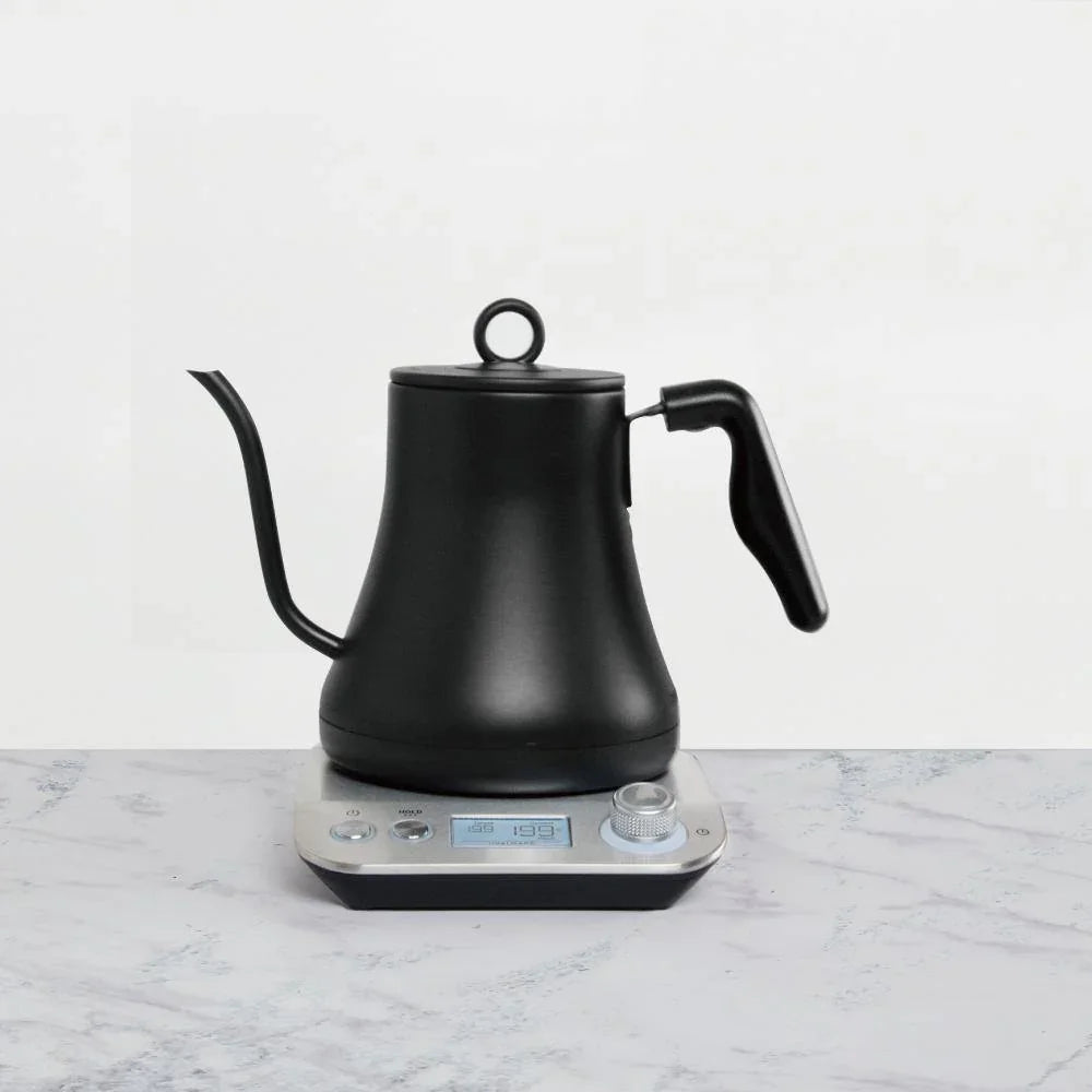 Modern electric kettle with ergonomic wooden handle and sleek angled design