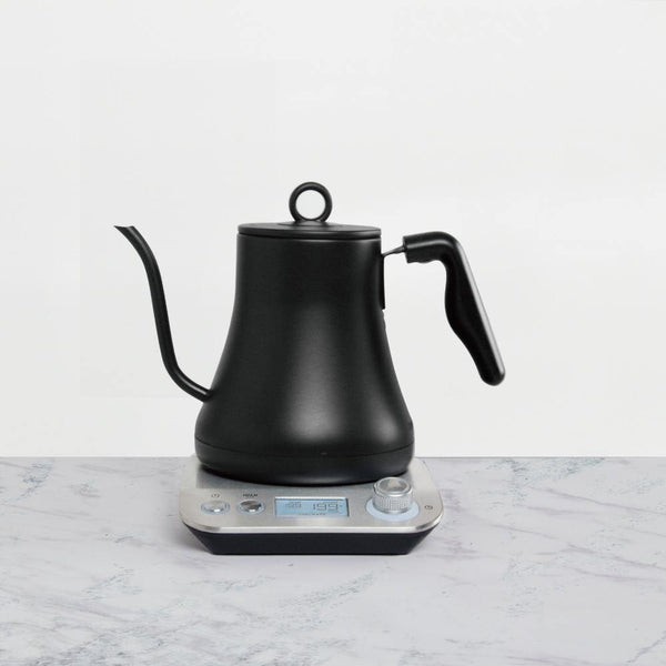 Modern electric kettle with ergonomic wooden handle and sleek angled design