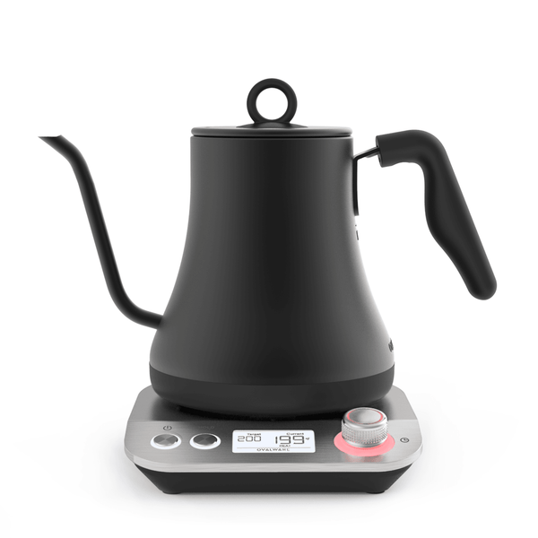 Matte black electric pour-over kettle with gooseneck spout on matching base