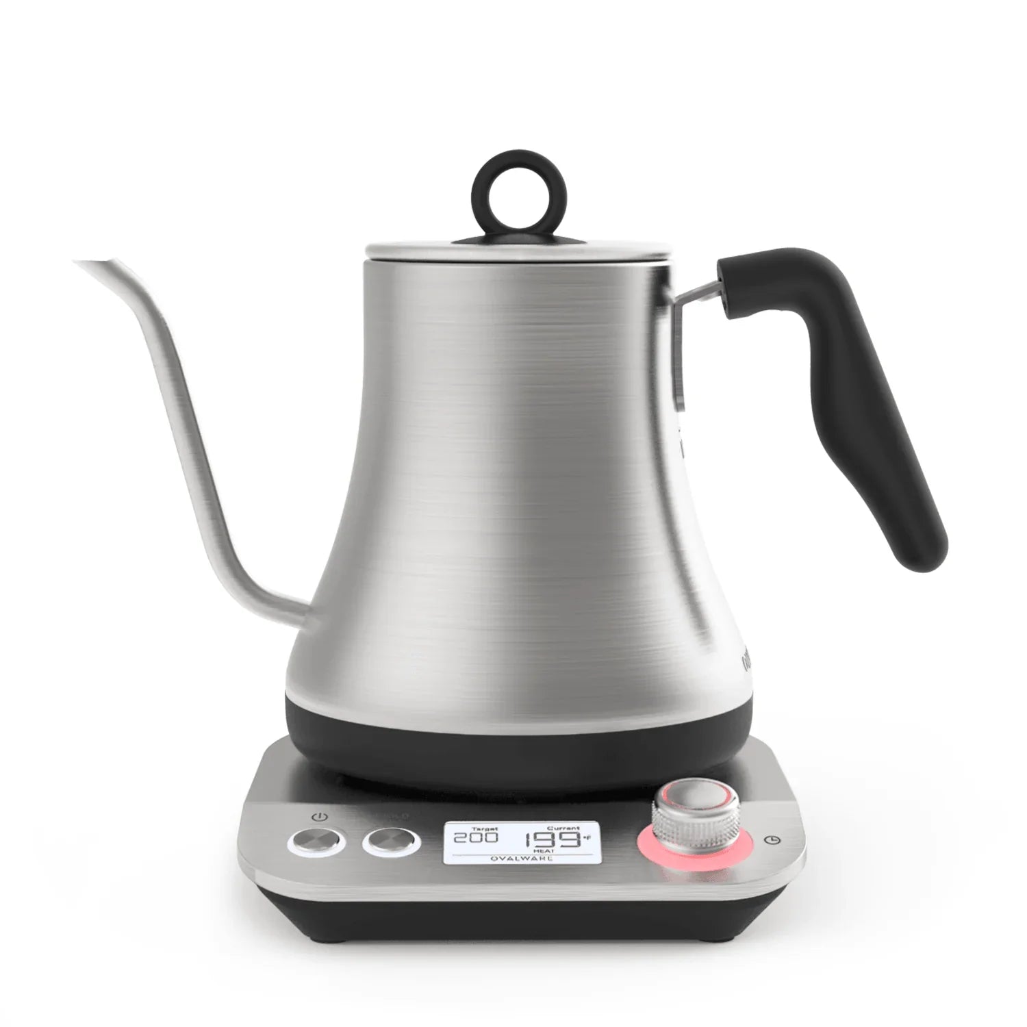 Stainless steel electric pour-over kettle with gooseneck spout on matching base