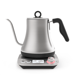 Stainless steel electric pour-over kettle with gooseneck spout on matching base