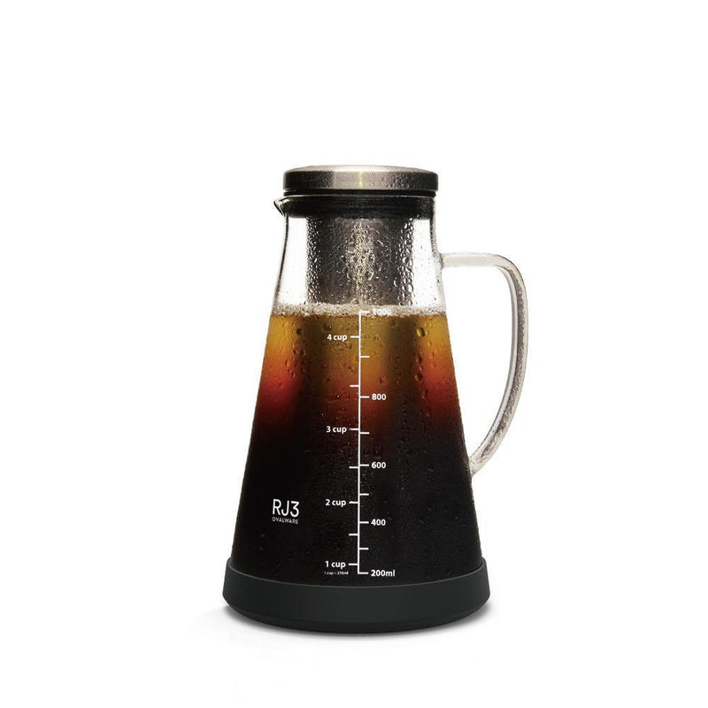 Airtight Cold Brew Iced Coffee Maker Pitcher and Tea Infuser with Spout - 1.0L / 34oz Ovalware RJ3 Brewing Glass Carafe with Removable Stainless